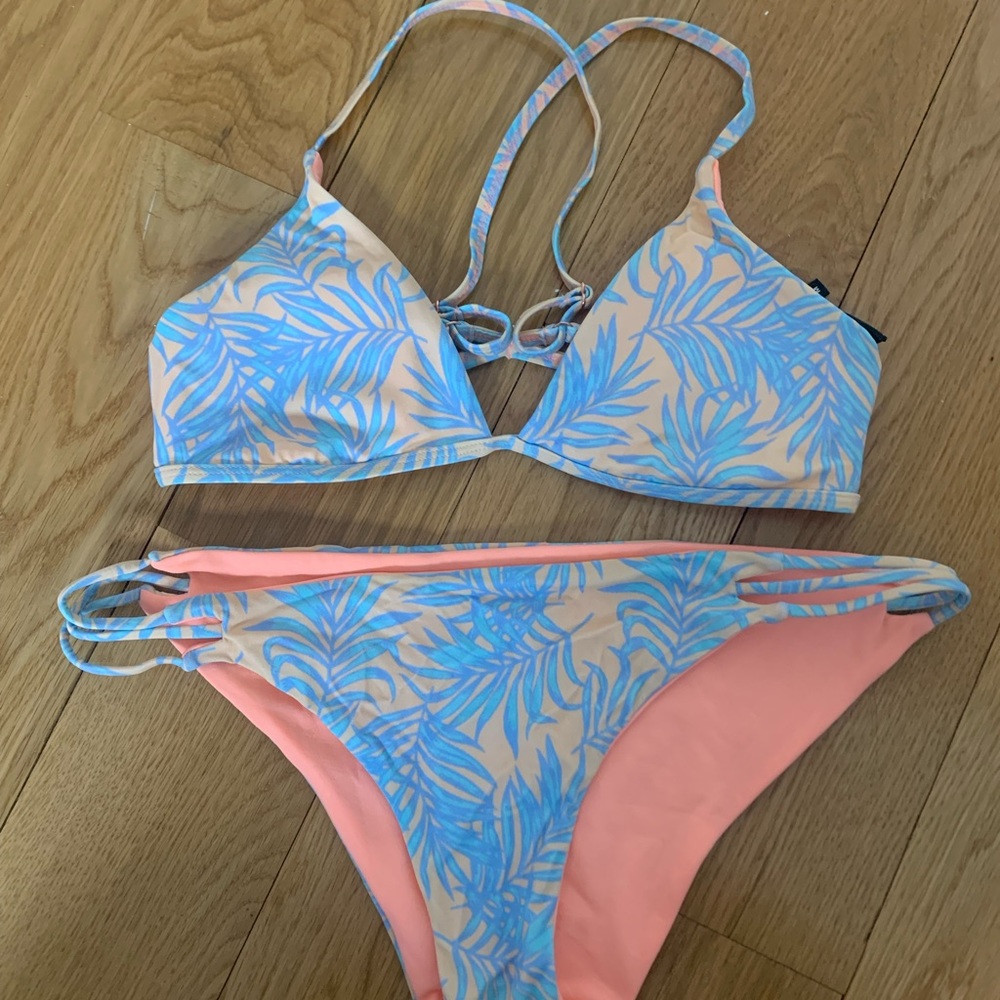L.A. Hearts | Neon Plant Print Bikini | Top M Bottom M | Blue & Orange